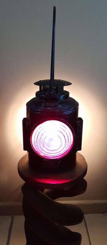 Large (47cm) Vintage Dual Lens (Red and Clear) Railway Lantern. Electrified (Working).