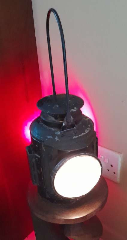 Large (47cm) Vintage Dual Lens (Red and Clear) Railway Lantern. Electrified (Working).