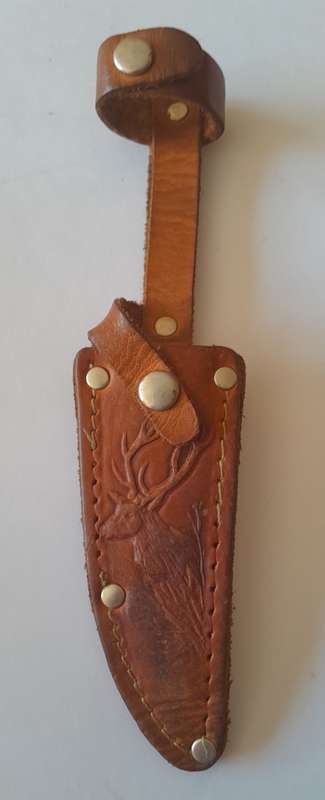 Vintage Solingen Germany Fixed-Blade Hunting Knife with Leather Sheath.  17cm