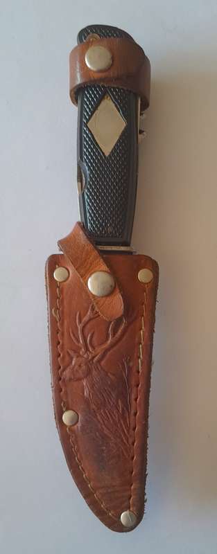 Vintage Solingen Germany Fixed-Blade Hunting Knife with Leather Sheath.  17cm