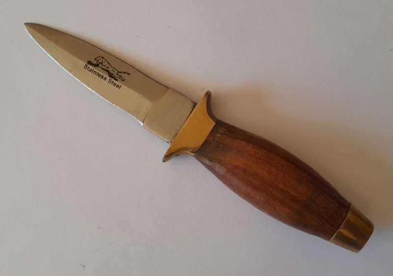 Vintage Boot Knife.  Brass, Steel And Wood With Leather Sheath.  Probably Pakistani.  15cm.