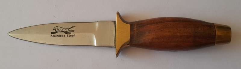 Vintage Boot Knife.  Brass, Steel And Wood With Leather Sheath.  Probably Pakistani.  15cm.