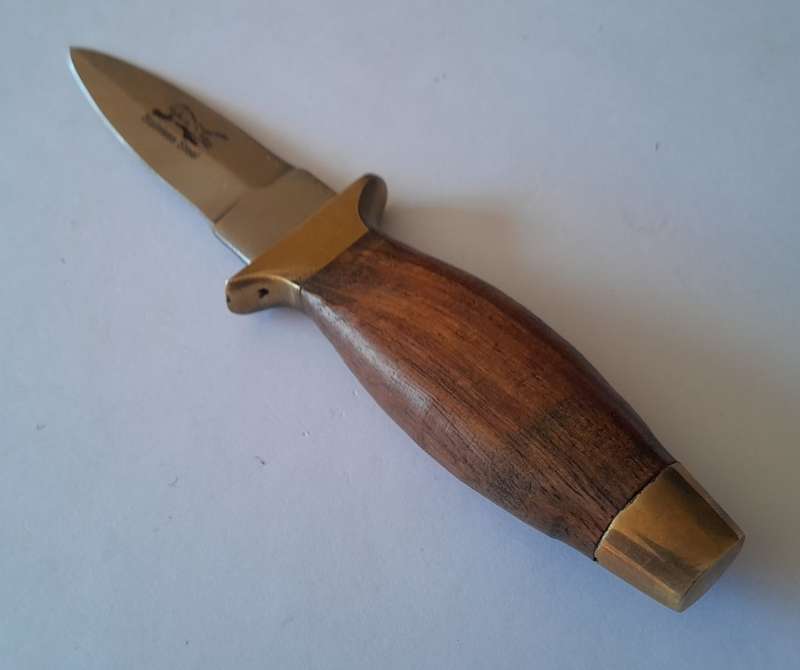 Vintage Boot Knife.  Brass, Steel And Wood With Leather Sheath.  Probably Pakistani.  15cm.