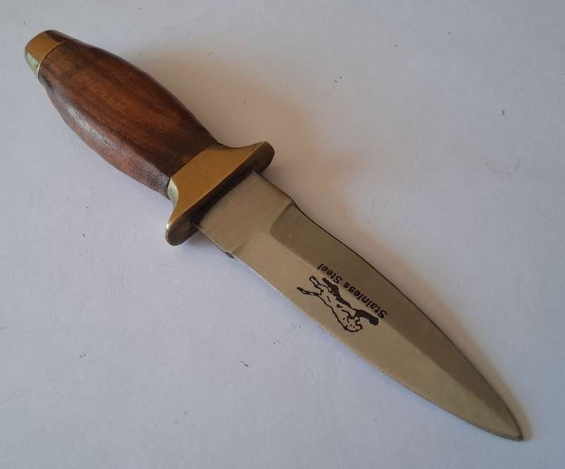 Vintage Boot Knife.  Brass, Steel And Wood With Leather Sheath.  Probably Pakistani.  15cm.
