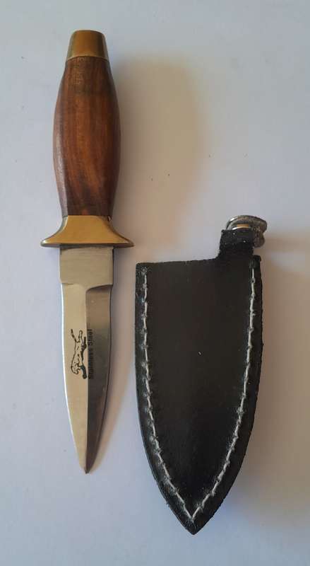 Vintage Boot Knife.  Brass, Steel And Wood With Leather Sheath.  Probably Pakistani.  15cm.