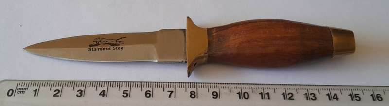 Vintage Boot Knife.  Brass, Steel And Wood With Leather Sheath.  Probably Pakistani.  15cm.