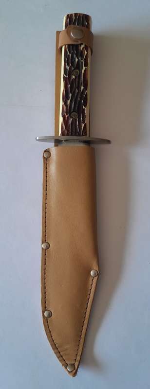 Vintage Tramontina Carbon Steel Bowie Style Hunting Knife with Leather Sheath.  33.5cm