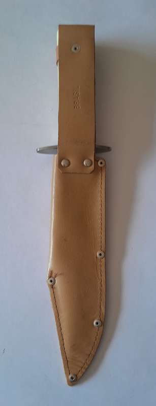Vintage Tramontina Carbon Steel Bowie Style Hunting Knife with Leather Sheath.  33.5cm