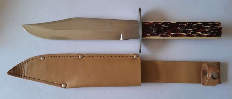 Vintage Tramontina Carbon Steel Bowie Style Hunting Knife with Leather Sheath.  33.5cm