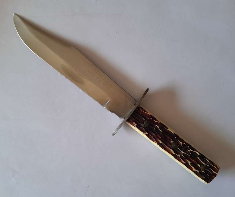 Vintage Tramontina Carbon Steel Bowie Style Hunting Knife with Leather Sheath.  33.5cm