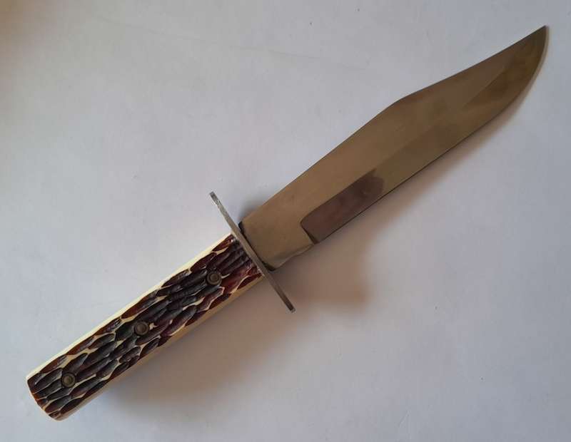Vintage Tramontina Carbon Steel Bowie Style Hunting Knife with Leather Sheath.  33.5cm