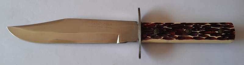 Vintage Tramontina Carbon Steel Bowie Style Hunting Knife with Leather Sheath.  33.5cm