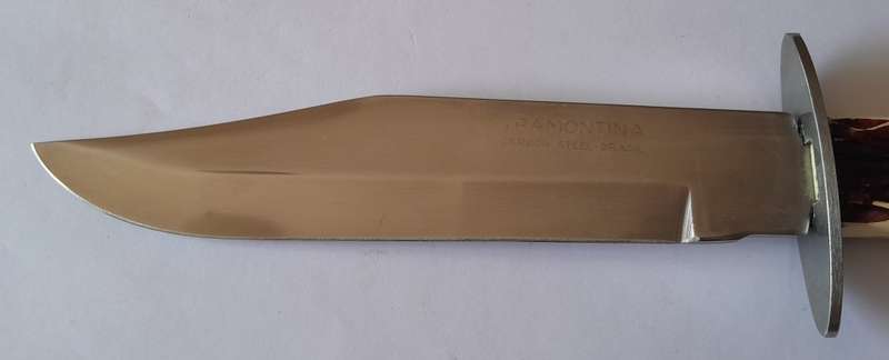 Vintage Tramontina Carbon Steel Bowie Style Hunting Knife with Leather Sheath.  33.5cm
