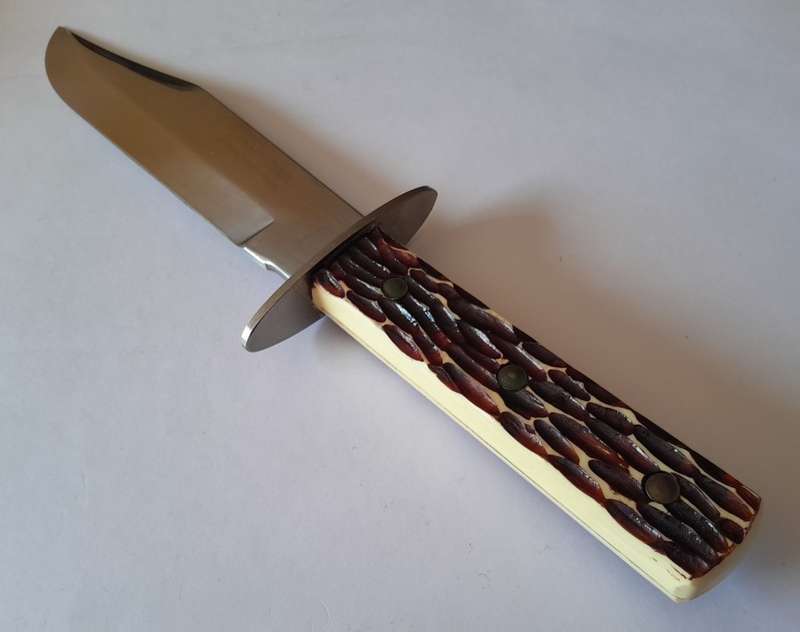 Vintage Tramontina Carbon Steel Bowie Style Hunting Knife with Leather Sheath.  33.5cm