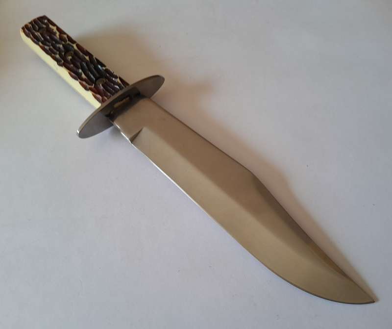 Vintage Tramontina Carbon Steel Bowie Style Hunting Knife with Leather Sheath.  33.5cm