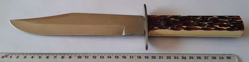 Vintage Tramontina Carbon Steel Bowie Style Hunting Knife with Leather Sheath.  33.5cm