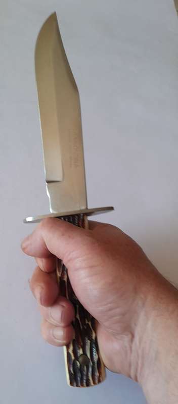 Vintage Tramontina Carbon Steel Bowie Style Hunting Knife with Leather Sheath.  33.5cm