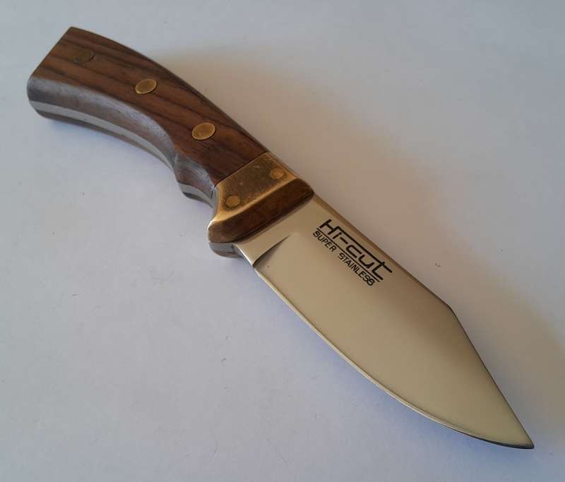 Vintage Hi-Cut Hunting Knife with Leather Sheath.  20.5cm.