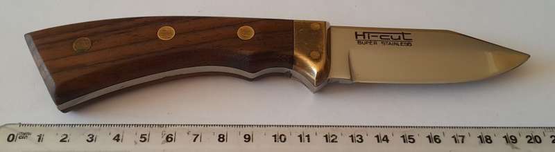 Vintage Hi-Cut Hunting Knife with Leather Sheath.  20.5cm.