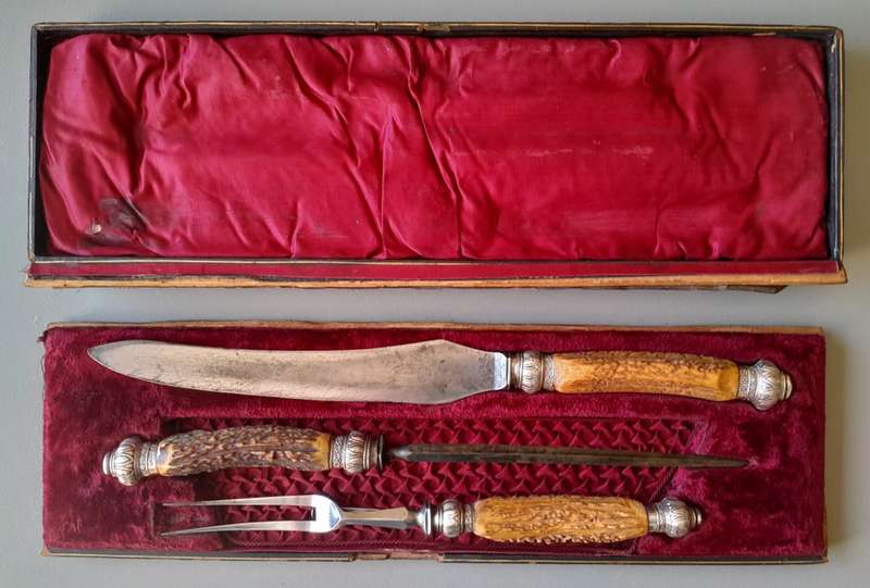 Victorian Stag Horn And Solid Silver Carving Set. Cooper Brothers, Sheffield, 1894.