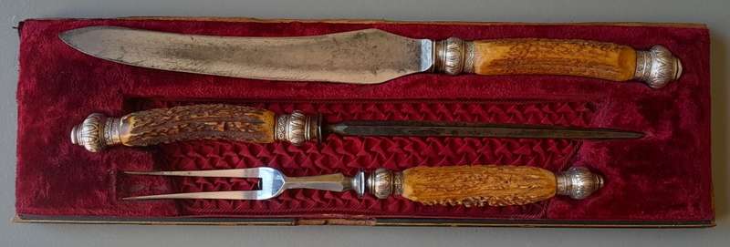 Victorian Stag Horn And Solid Silver Carving Set. Cooper Brothers, Sheffield, 1894.