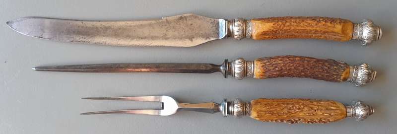 Victorian Stag Horn And Solid Silver Carving Set. Cooper Brothers, Sheffield, 1894.