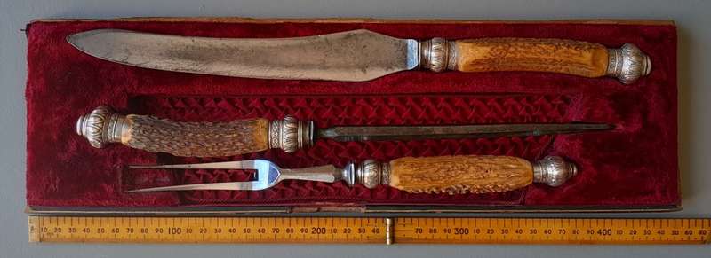 Victorian Stag Horn And Solid Silver Carving Set. Cooper Brothers, Sheffield, 1894.