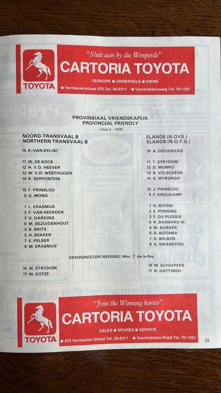 1981 Currie Cup Semi Final Northern Transvaal vs Northern Free State Programme