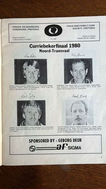 1980 Currie Cup Final Northern Transvaal vs Western Province Programme