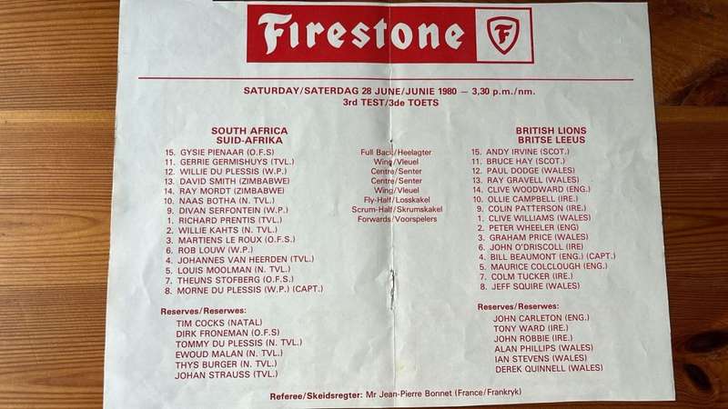 1980 South Africa vs British Lions Team Sheet, details below