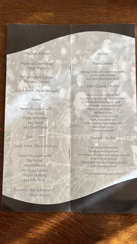 25 Year Reunion of 1981 Springbok Tour of New Zealand Dinner Menu Card, details below