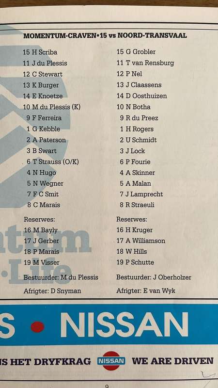 1990 Cravenspan vs Noord Transvaal Program en Kaartjie, Geteken, besonderhede onder