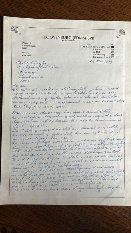 From Clayton`s Collection - Legends of Springbok Rugby - Piet Spiere du Toit Letter, details below