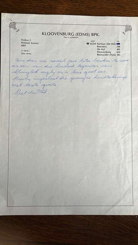 From Clayton`s Collection - Legends of Springbok Rugby - Piet Spiere du Toit Letter, details below