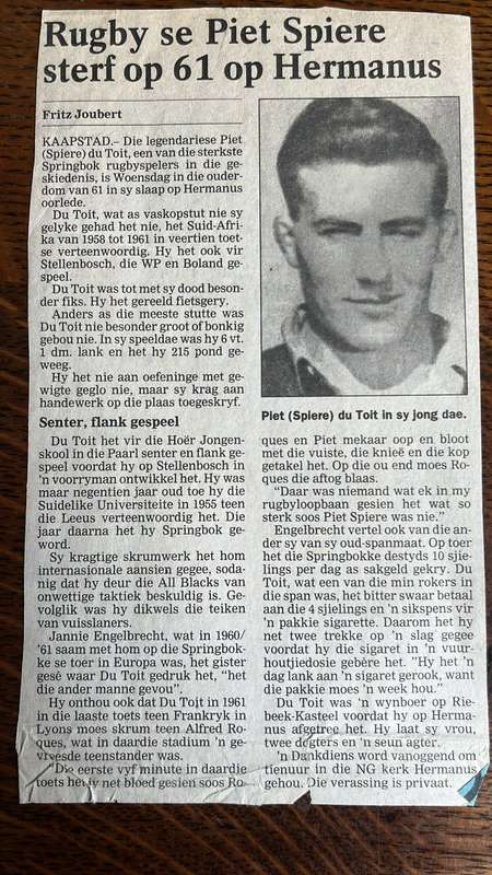 From Clayton`s Collection - Legends of Springbok Rugby - Piet Spiere du Toit Letter, details below