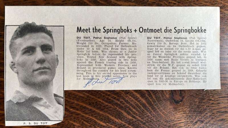 From Clayton`s Collection - Legends of Springbok Rugby - Piet Spiere du Toit Letter, details below