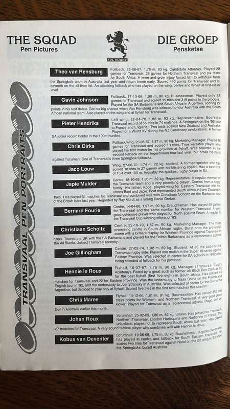 1994 Transvaal vs England - Transvaal Rugby Magazine, details below