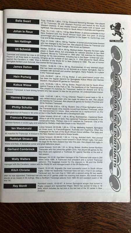 1994 Transvaal vs England - Transvaal Rugby Magazine, details below