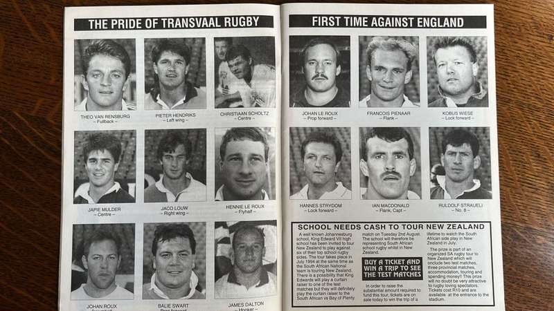 1994 Transvaal vs England - Transvaal Rugby Magazine, details below