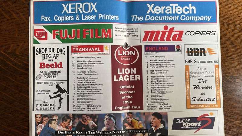 1994 Transvaal vs England - Transvaal Rugby Magazine, details below