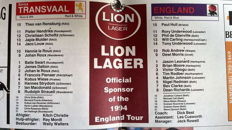 1994 Transvaal vs England - Transvaal Rugby Magazine, details below
