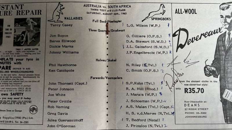 1963 Springboks vs Wallabies Pictorial Souvenir Programme, Signed, details below