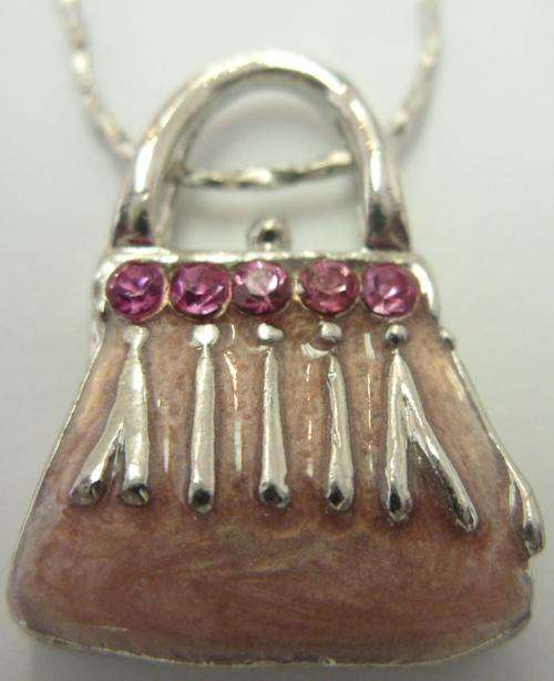 Rhodium EP Rhinestone studded Handbag Pendant on Chain