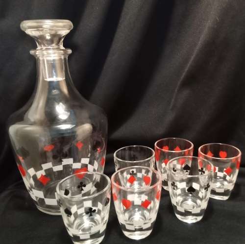 Vintage French Verrerie Cristallerie Darques Cards Decanter W/Stopper and 6 shot glasses