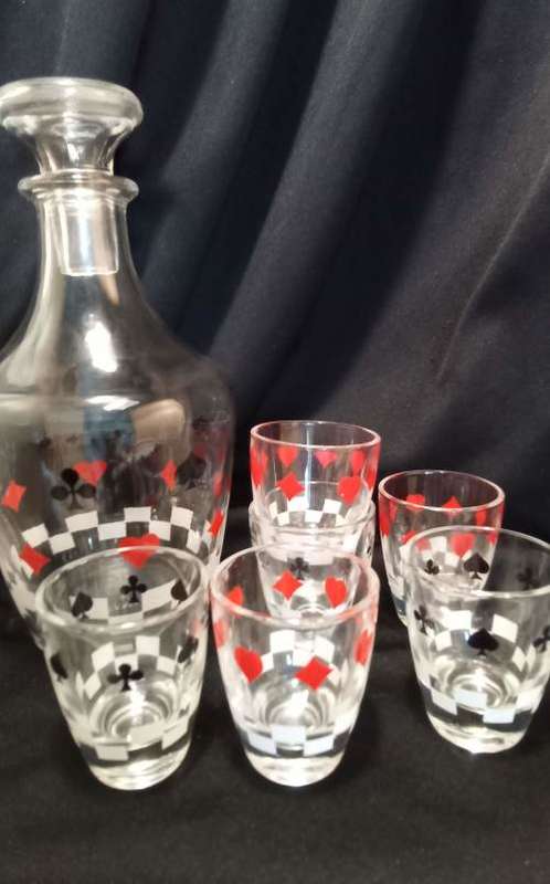 Vintage French Verrerie Cristallerie Darques Cards Decanter W/Stopper and 6 shot glasses