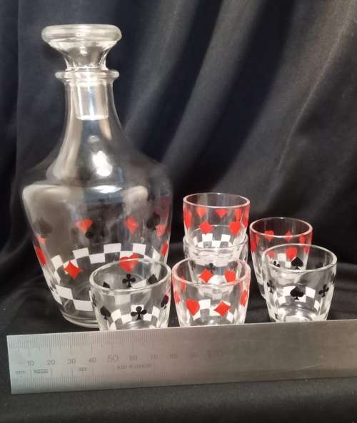 Vintage French Verrerie Cristallerie Darques Cards Decanter W/Stopper and 6 shot glasses