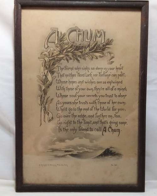 Framed Charming old 1940s lithograph print with a friendship poem, `A Chum`.