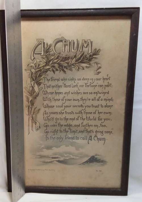 Framed Charming old 1940s lithograph print with a friendship poem, `A Chum`.