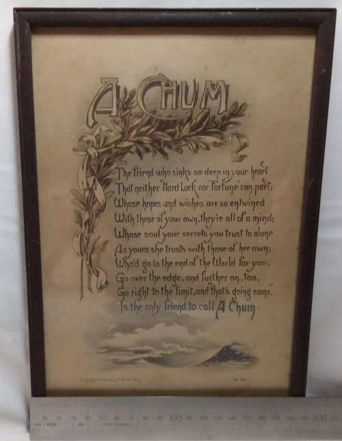 Framed Charming old 1940s lithograph print with a friendship poem, `A Chum`.
