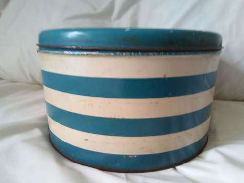Vintage blue and white striped cake tin